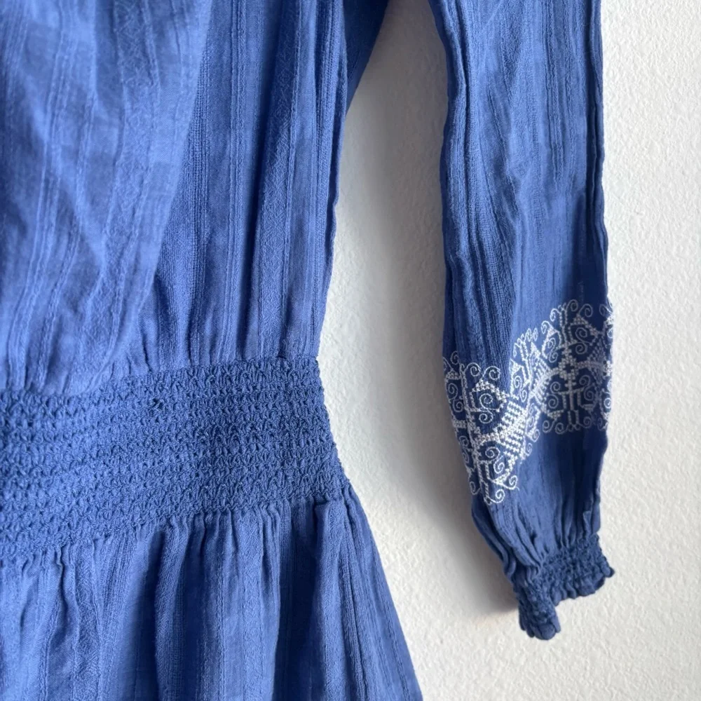 Tory Burch Loretta Blue and White Off the Shoulder Embroidered Gauze Mini Dress - Picture 9 of 10